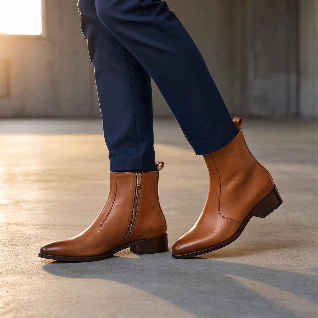 Tan Pointed Cuban Heel Leather Boots for Men