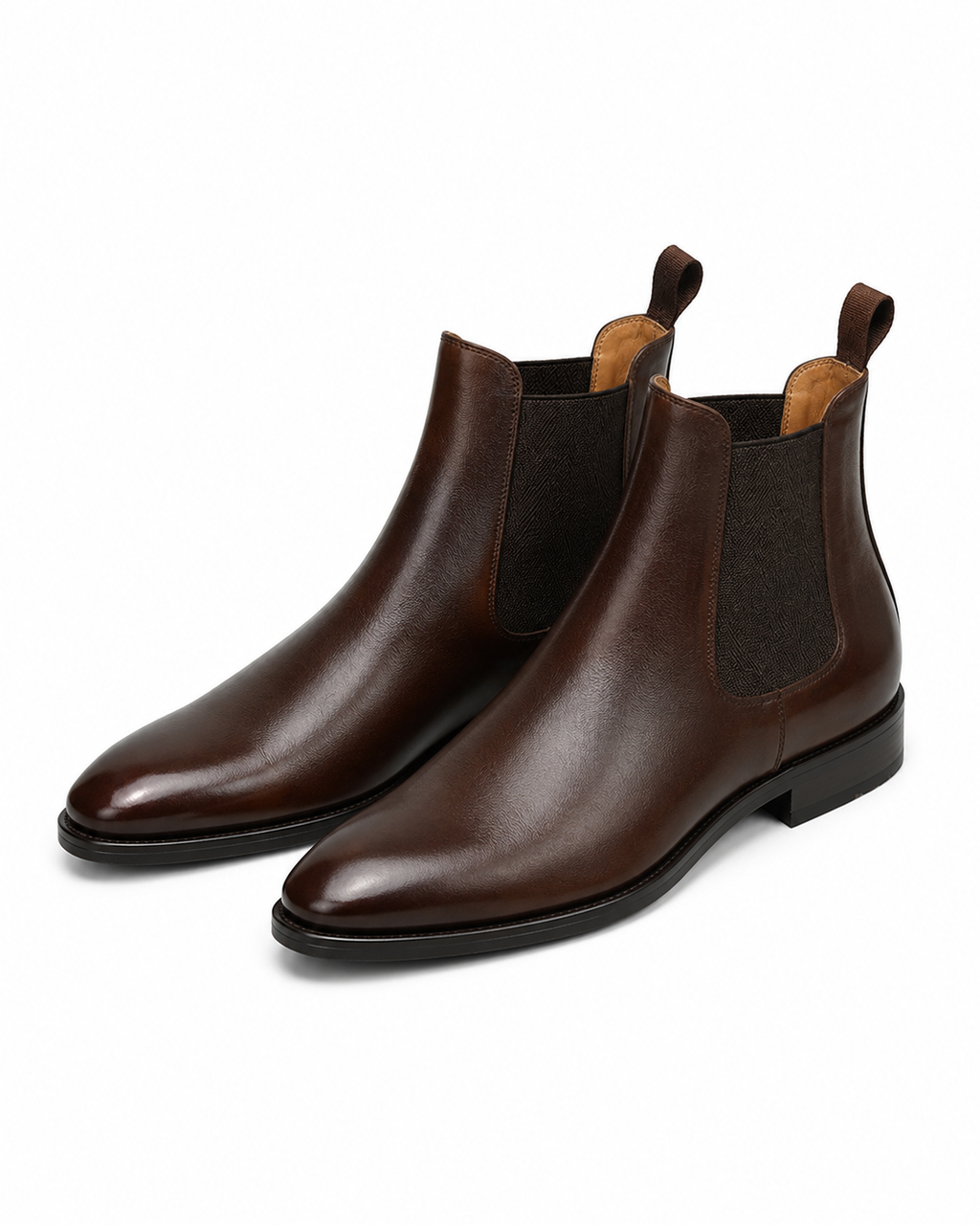 A pair of dark brown leather Chelsea boots with black elastic side panels, shown on a clean white background.