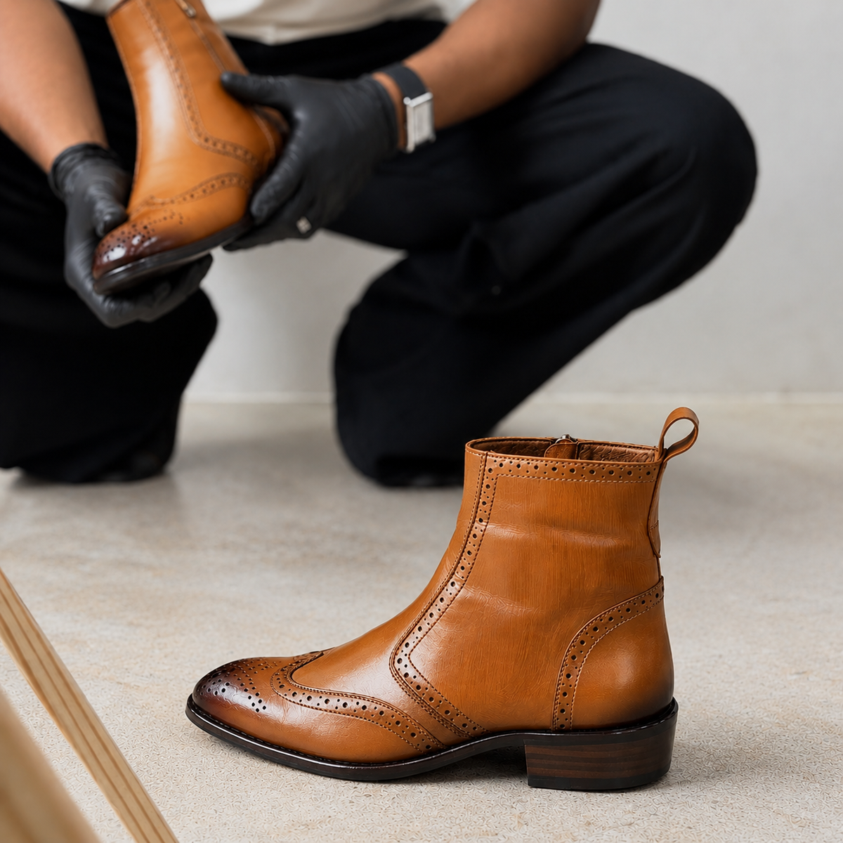 Men's Tan Leather Slip-On Ankle Boots