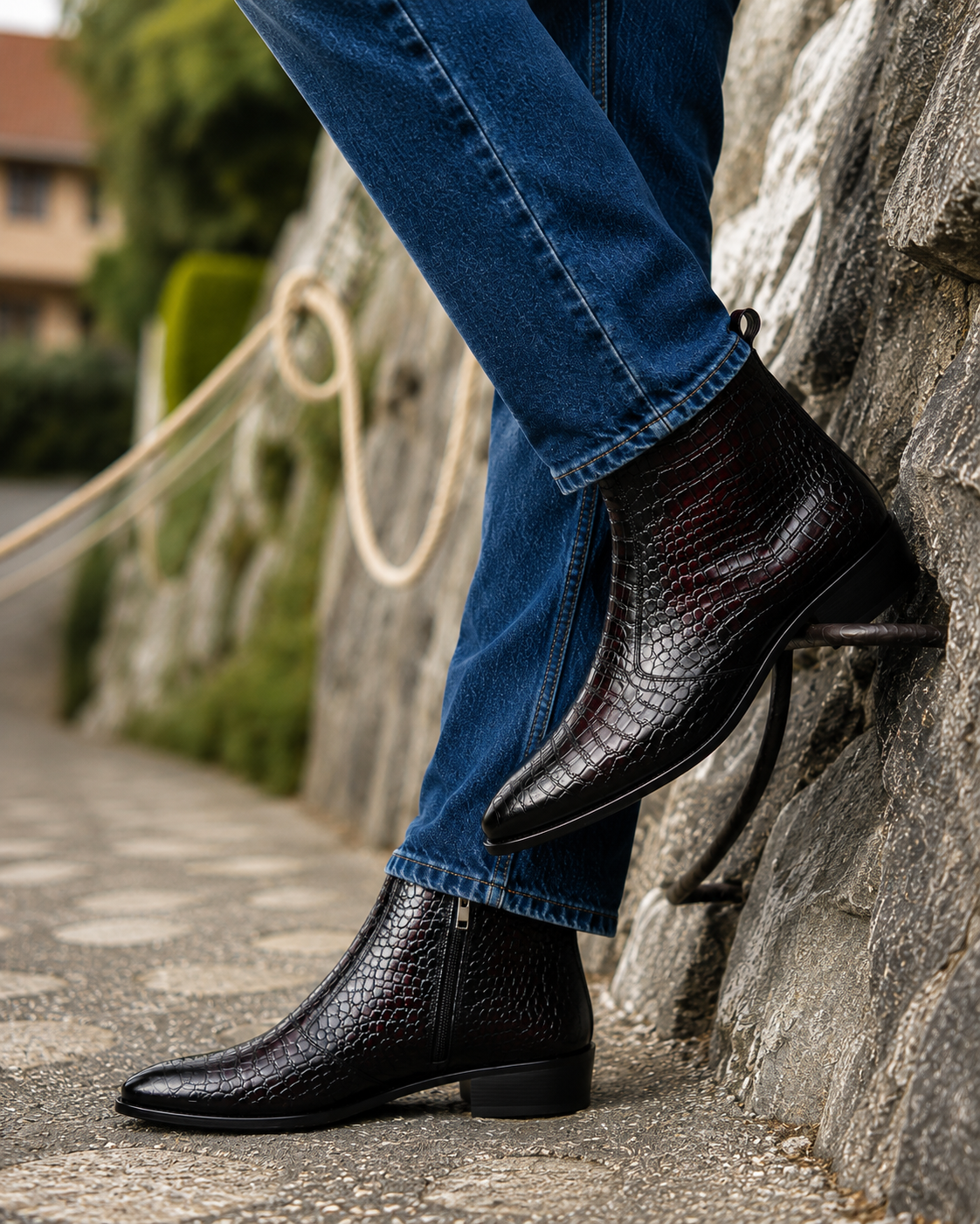 A person wearing blue jeans and black crocodile-embossed ankle boots, leaning against a stone wall on a paved path.