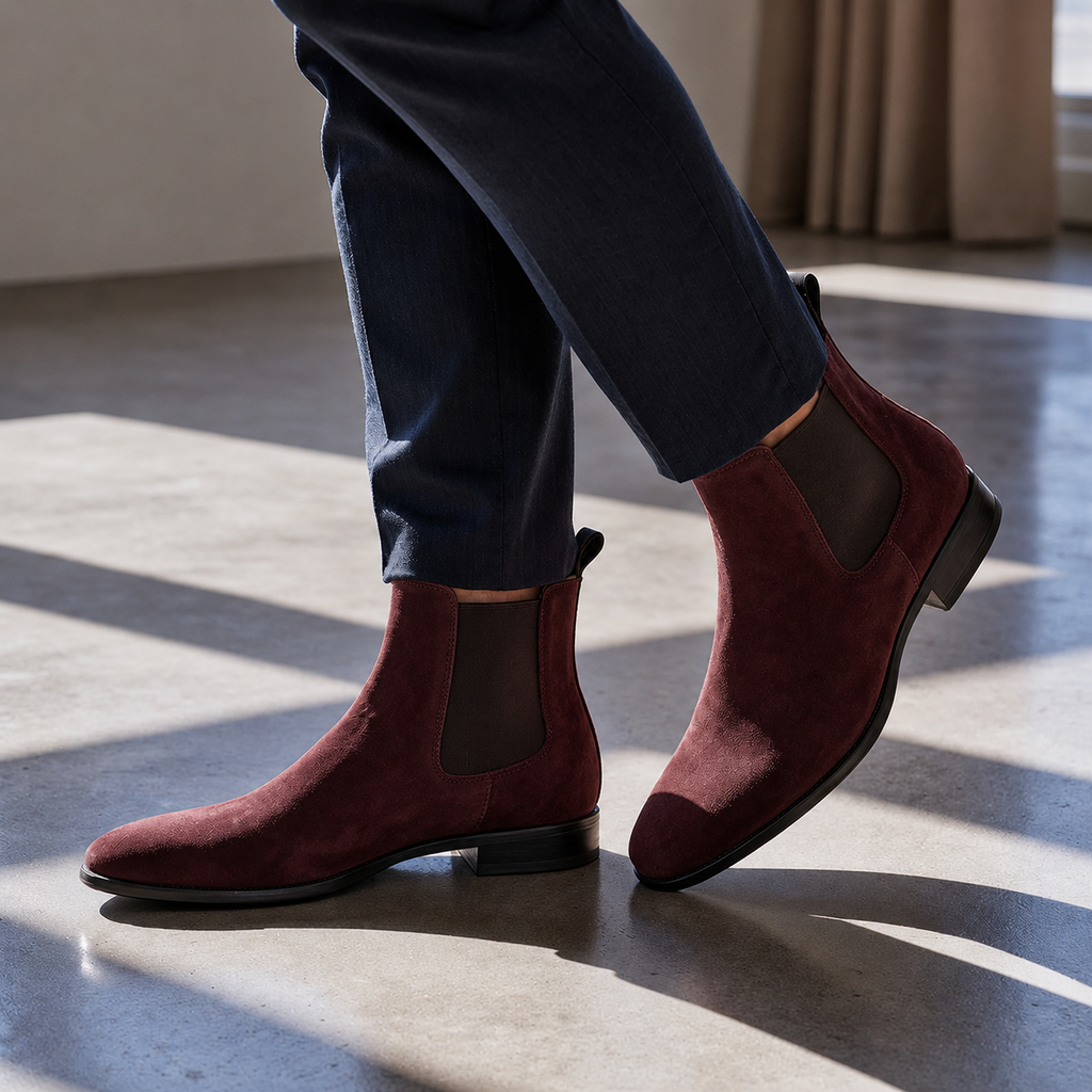 Red suede Chelsea boots worn with dark pants on a reflective floor.