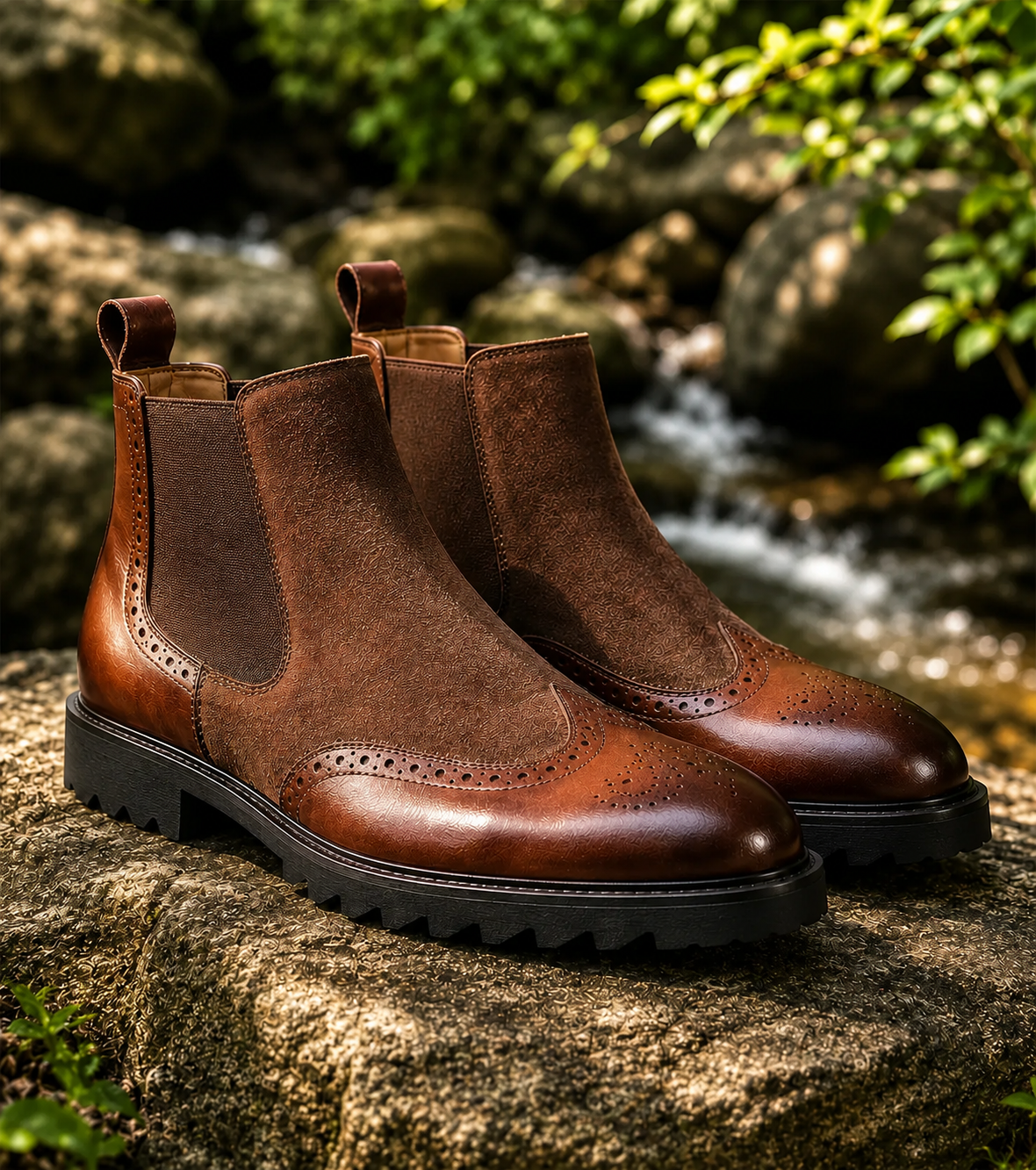 Pair of Men's Heritage Brown Chelsea Boots in premium Italian leather and suede featuring wingtip brogue detailing and black lug soles, photographed on a rock in a scenic woodland stream setting.