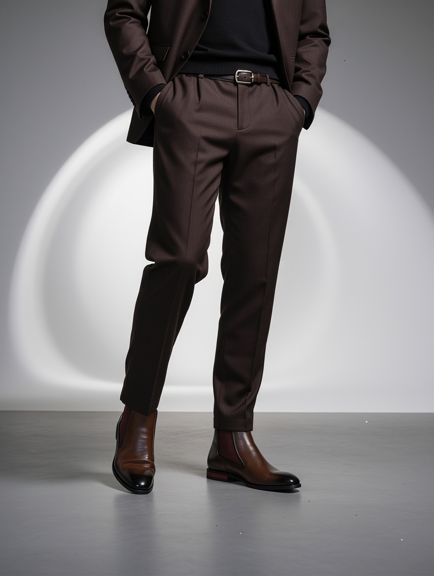 Person wearing a brown suit with a belt and shoes on a gray background