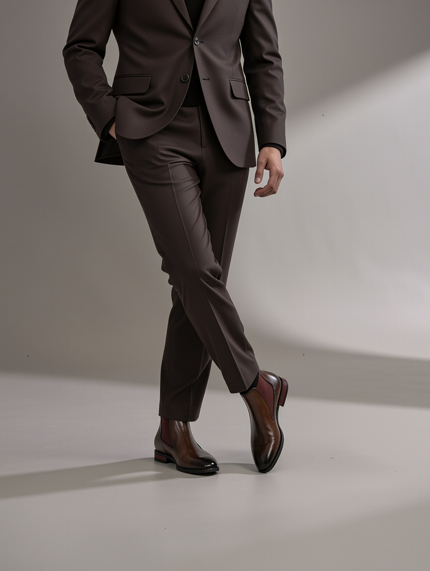 Man wearing a brown suit and shoes on a plain background