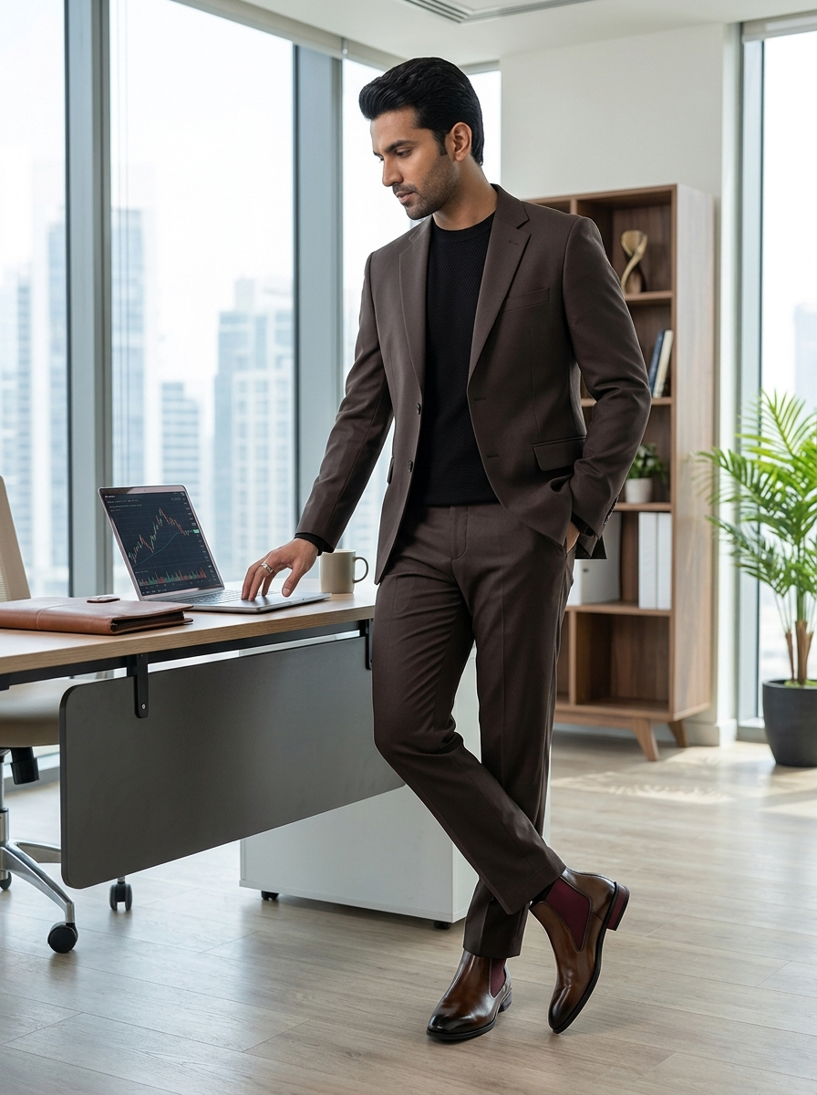 Man in a brown suit standing in an office with large windows and modern decor.