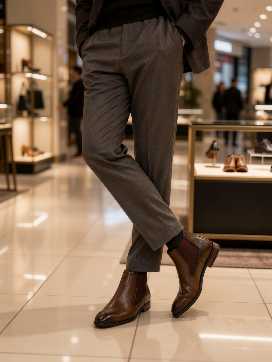 Person wearing brown shoes and gray pants in a store setting