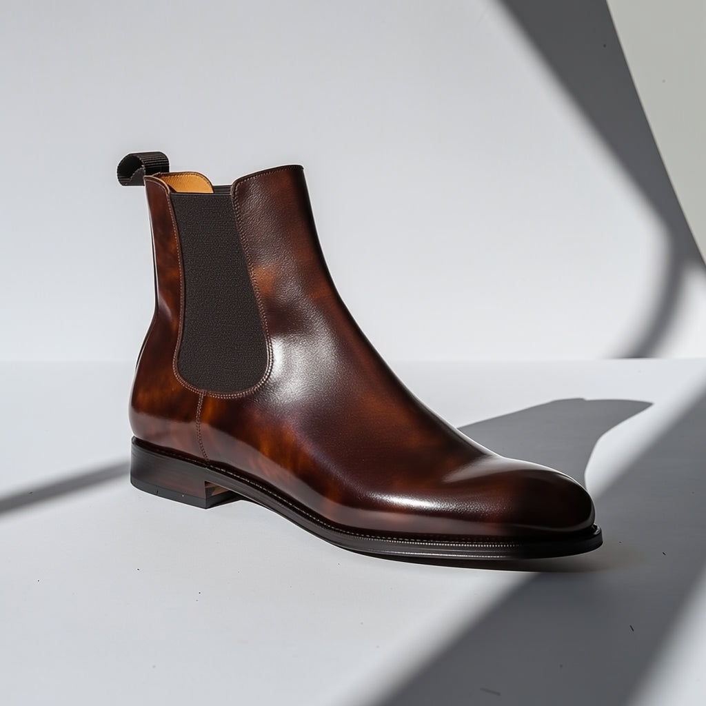 Brown leather Chelsea boot on a white background