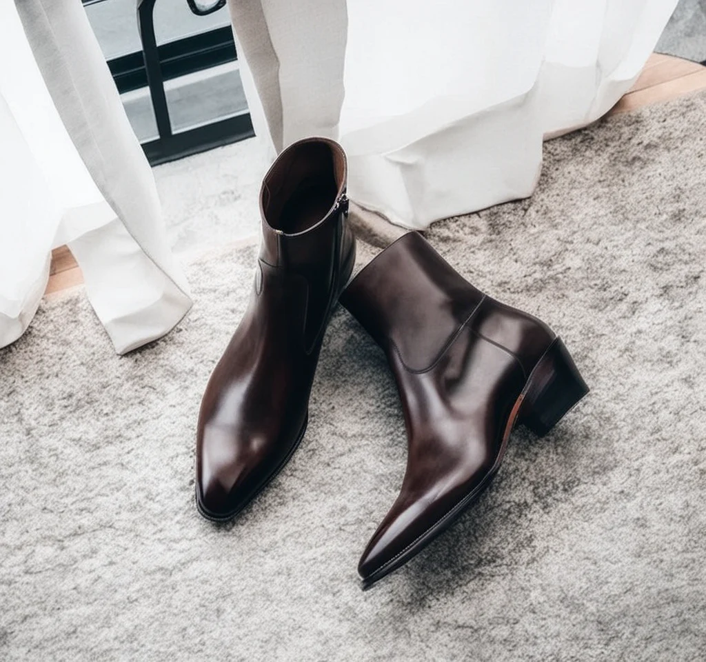 Pair of dark brown leather ankle boots on a light gray surface with a blurred background.