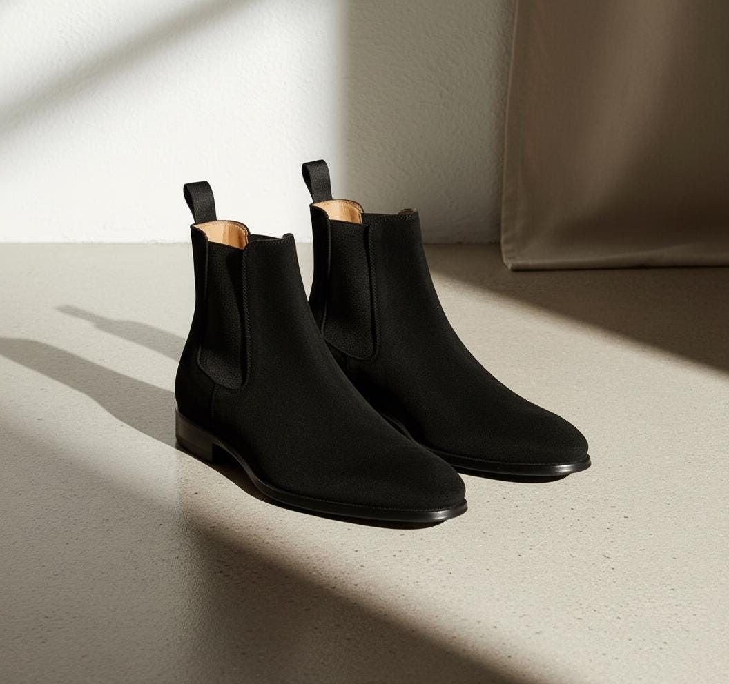 Pair of black Chelsea boots on a light surface with a neutral background