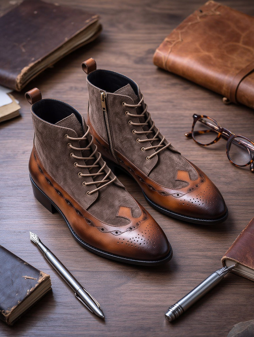 Brown suede boots on a wooden surface with books and glasses.