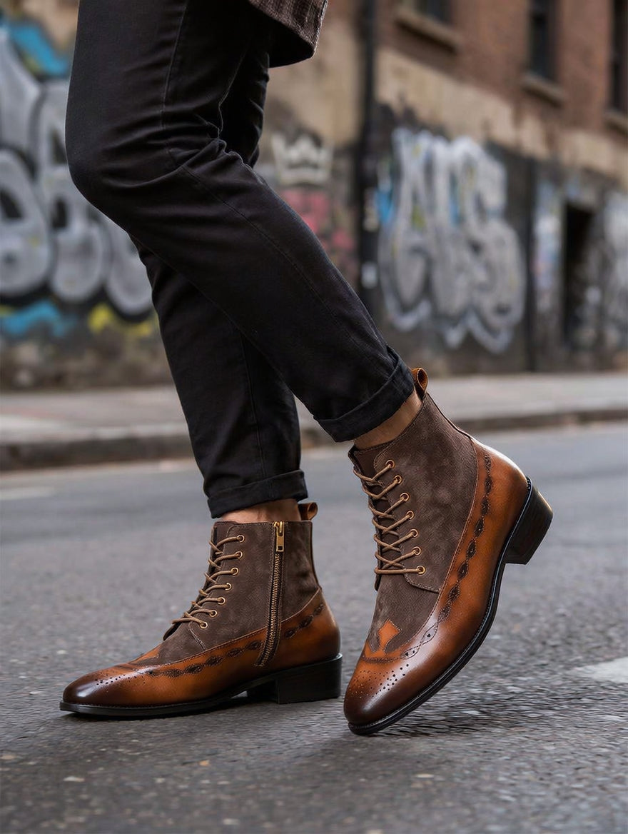 Brown leather boots worn on a street with graffiti in the background