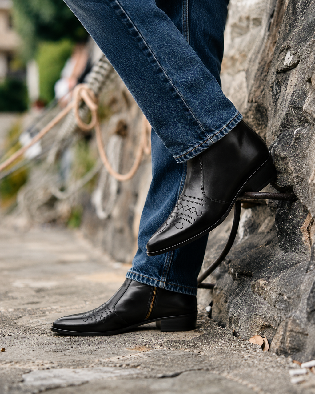 A close-up lifestyle shot of a person wearing black leather embossed boots and blue jeans, standing on a stone path next to a rustic stone wall.