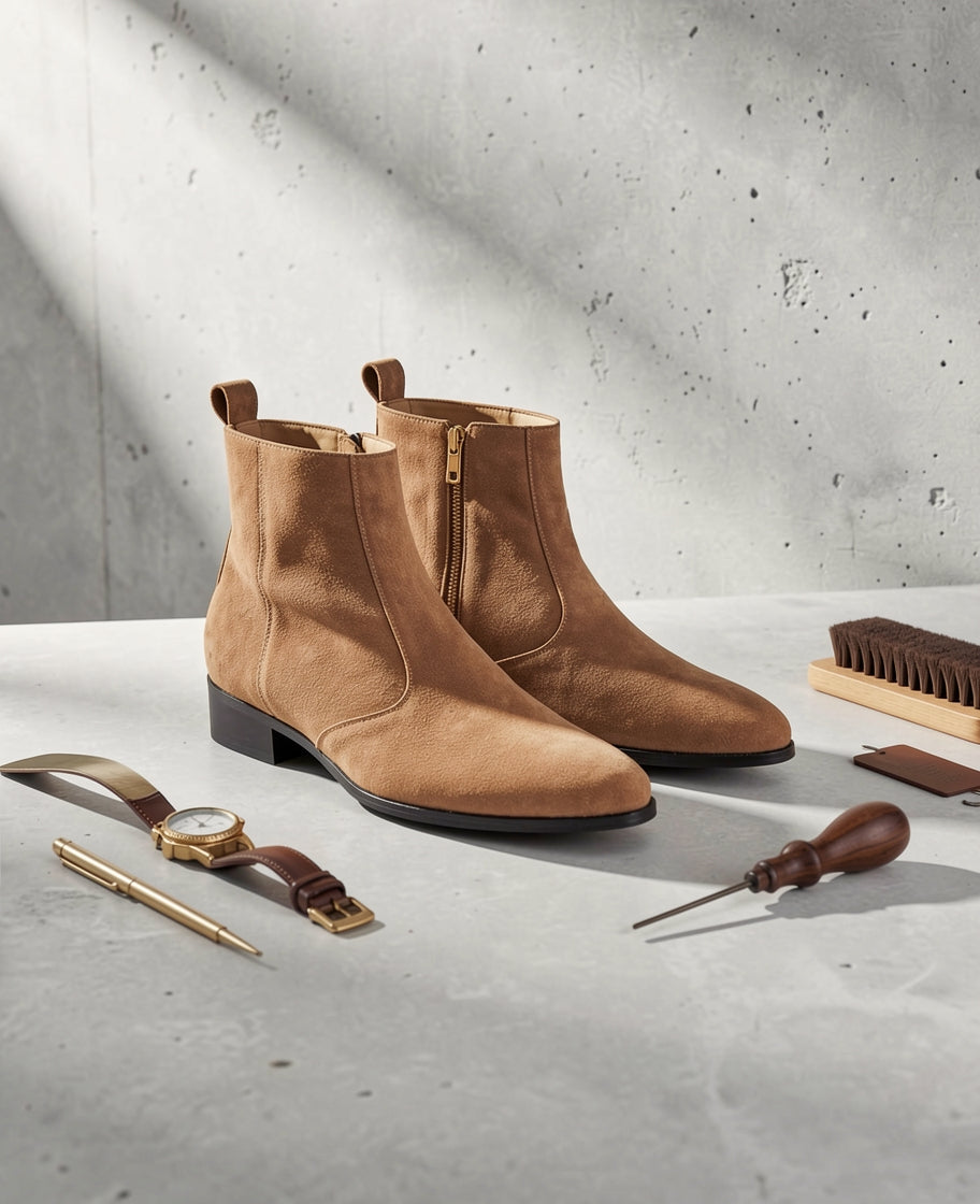 Brown leather boots with tools on a gray surface