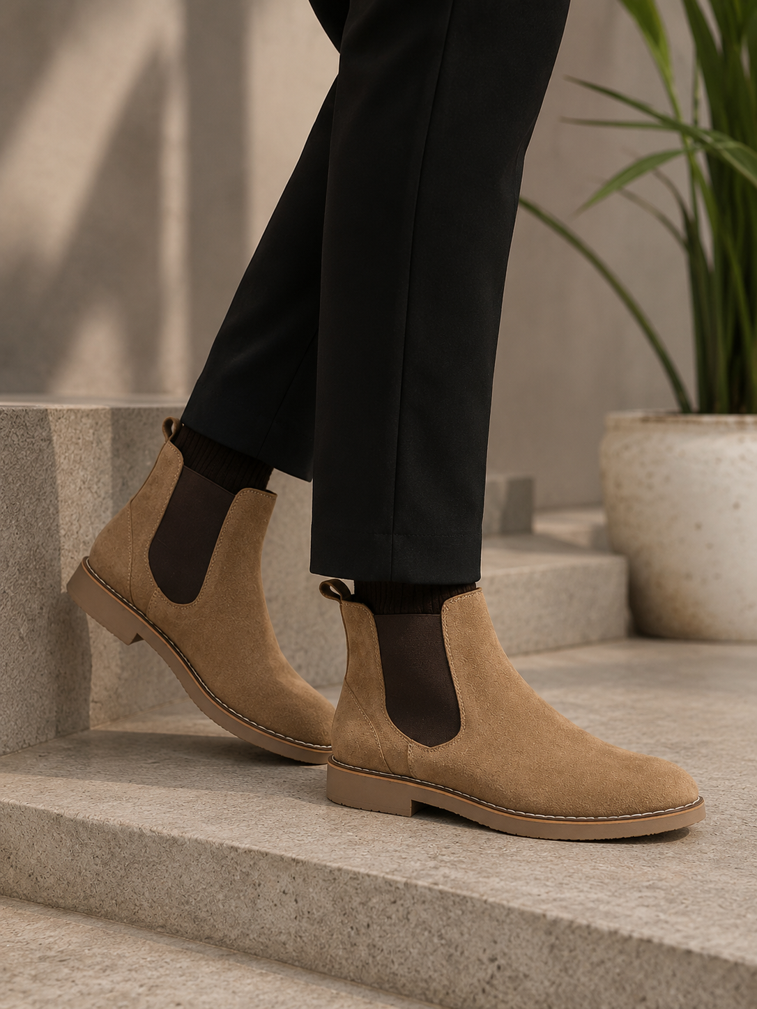 Tan Chelsea boots worn with black pants on a neutral background