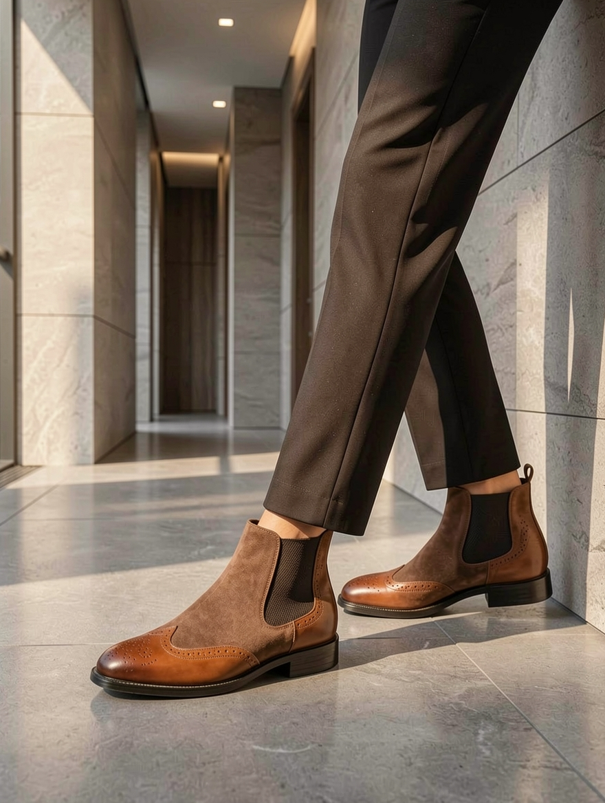 Brown leather Chelsea boots worn with brown pants in a modern hallway.