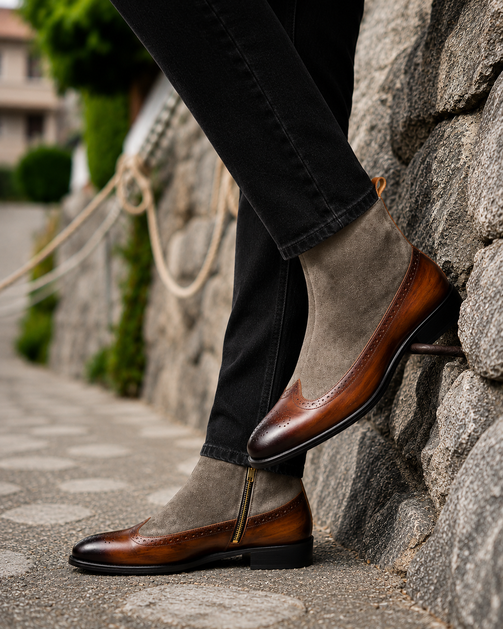 A person wearing brown and taupe suede wingtip boots with brogue detailing and a gold zipper, paired with black jeans, leaning against a stone wall outdoors.