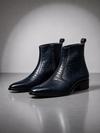 Zalcaro Navy Blue Exotic Leather Zip Boots for Men crafted from premium python-embossed genuine leather with a side-zip closure, elegant almond-toe silhouette, and rich navy blue finish.