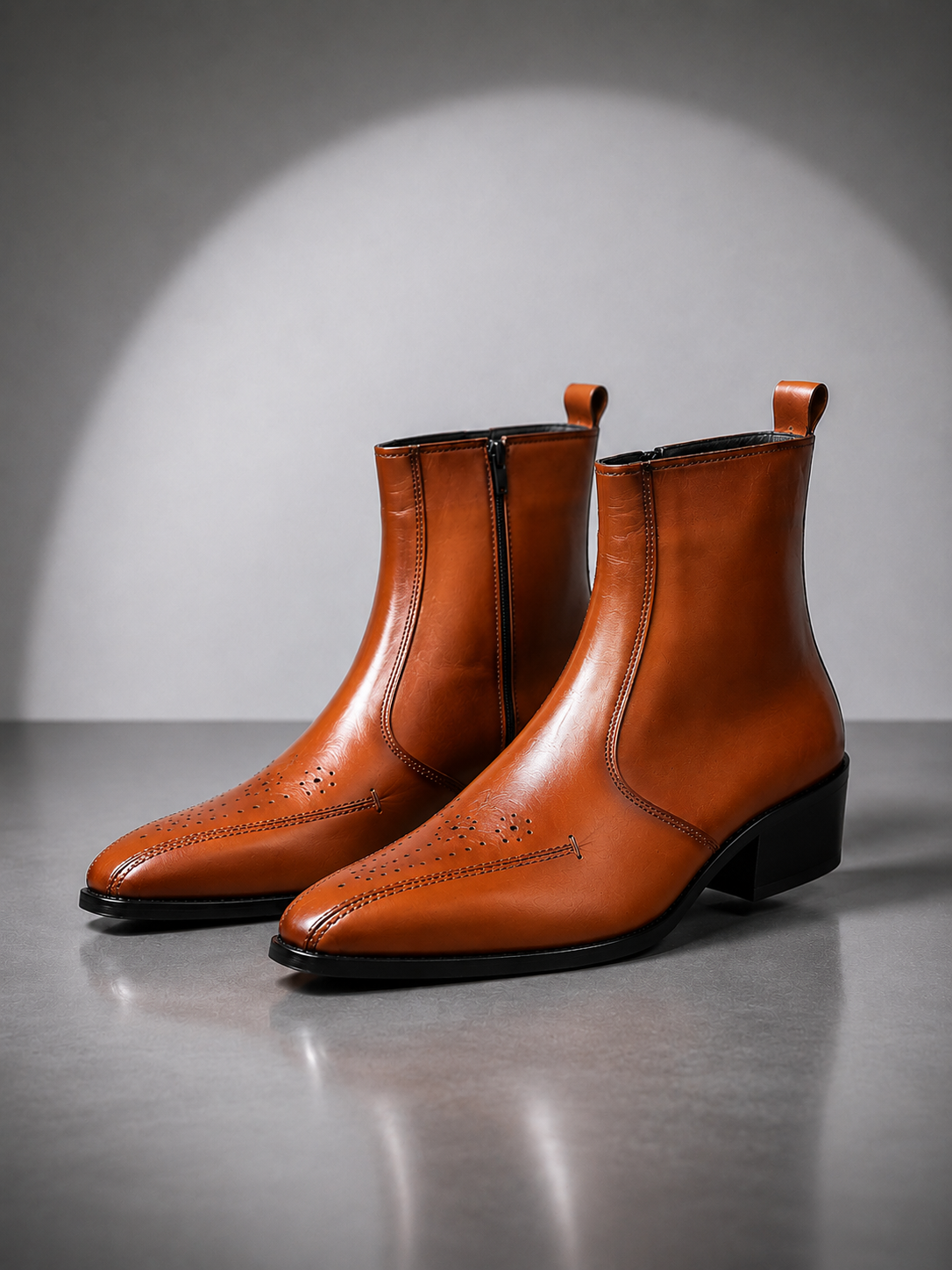 Zalcaro Tan Cuban Heel Leather Boots for Men crafted from premium genuine leather with a side-zip closure, elegant Cuban heel, refined almond-toe silhouette, and rich tan finish.