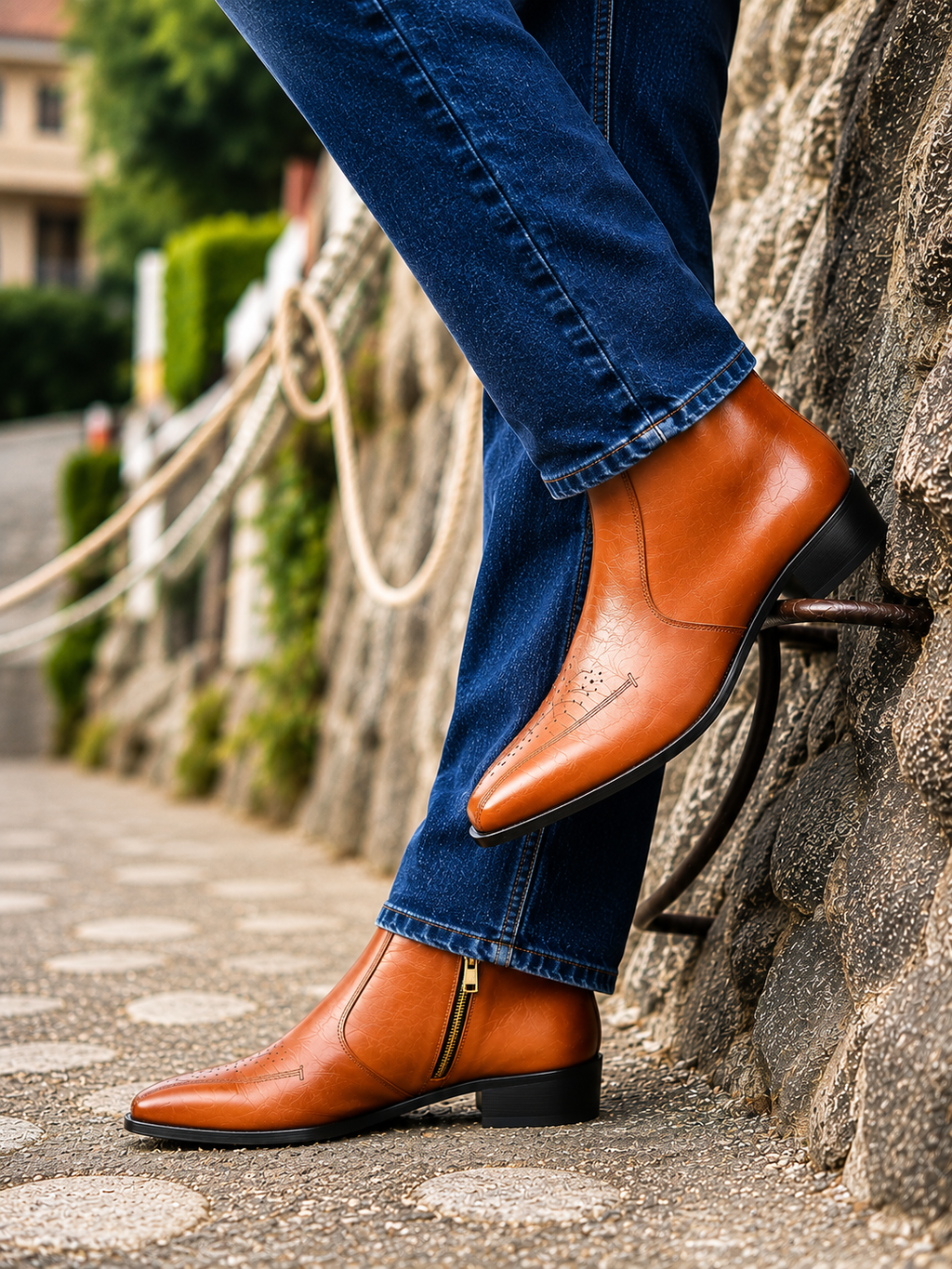 A close-up lifestyle shot of a person wearing blue jeans and tan leather ankle boots with side zippers, standing on a stone path against a rustic stone wall.