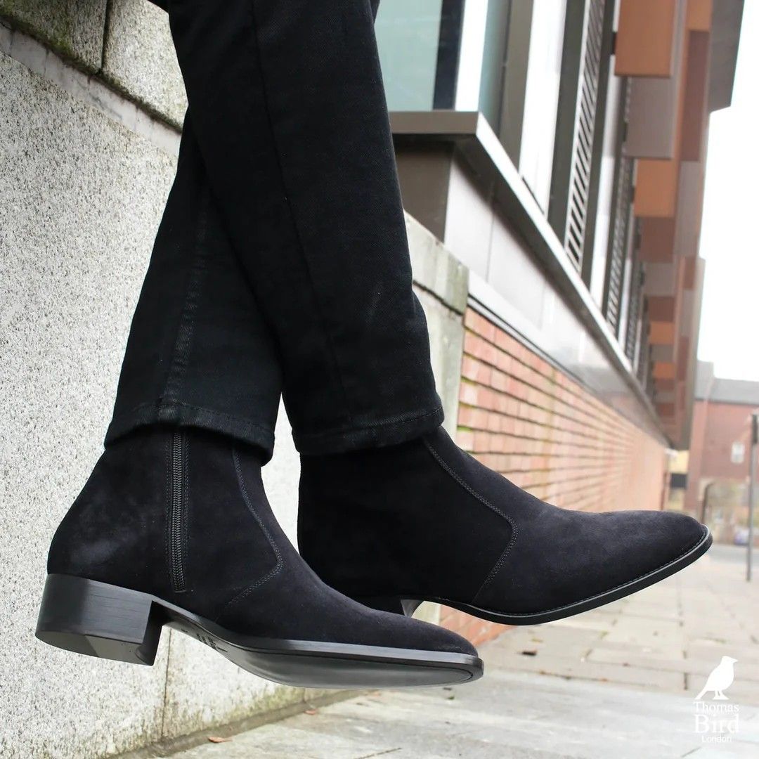 Zalcaro Black Suede Executive Boots crafted from premium genuine suede with a sleek almond-toe silhouette, elastic side panels, side-zip closure, and a refined black finish.