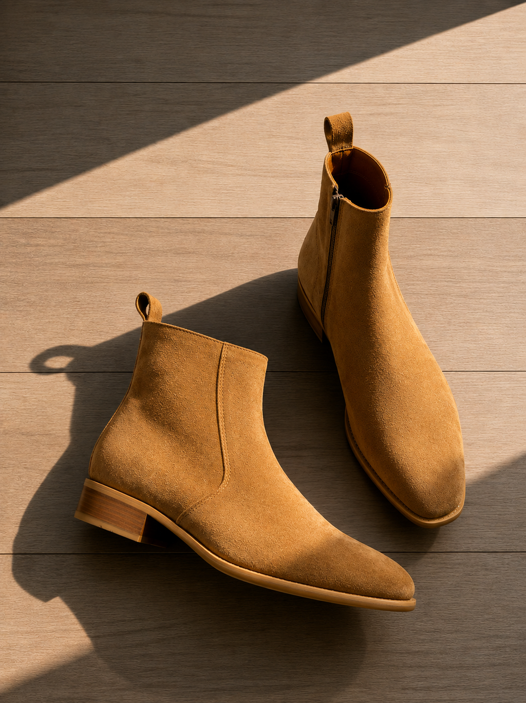 A pair of tan suede ankle boots with low block heels and pull tabs, displayed on a wooden floor with dramatic diagonal sunlight and shadows.