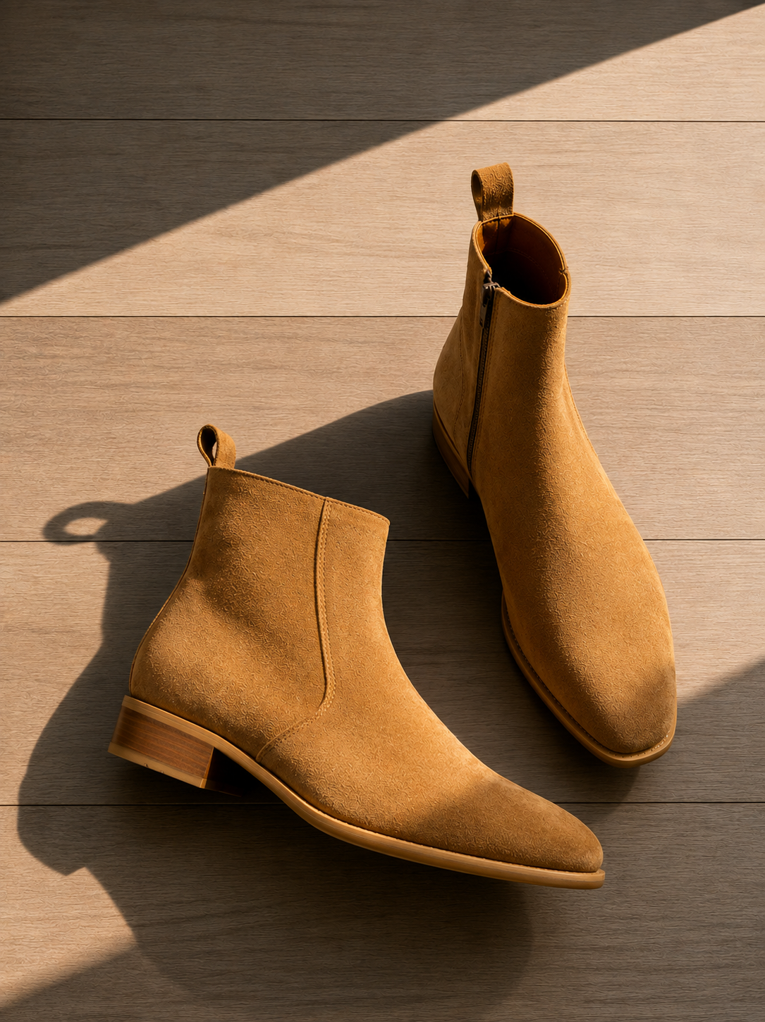 A pair of tan suede ankle boots with low block heels and pull tabs, displayed on a wooden floor with dramatic diagonal sunlight and shadows.